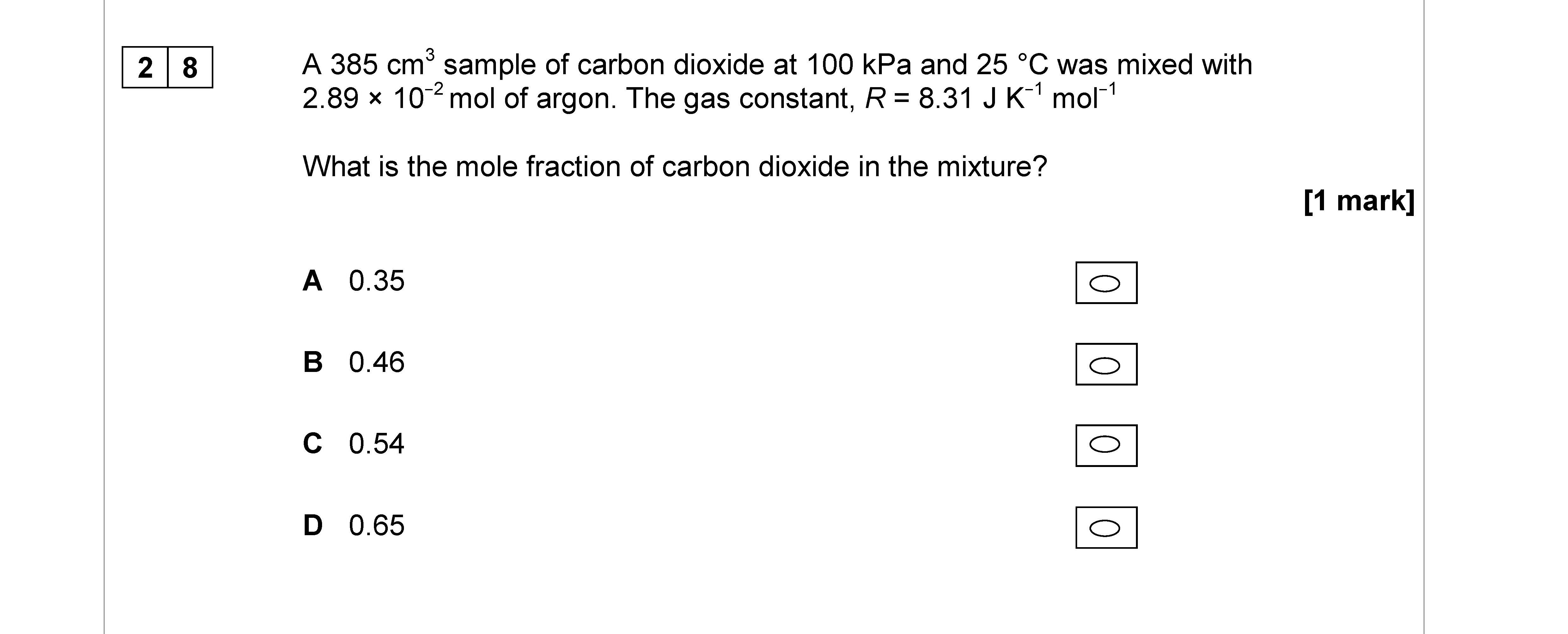 A-385-cm³-sample-of-carbon-dioxide-at-100-kPa-and-25-°C-was-mixed-with-2.89-×-10⁻²-mol-of-argon-AQA-A-Level Chemistry-Question 28-2017-Paper 3.png
