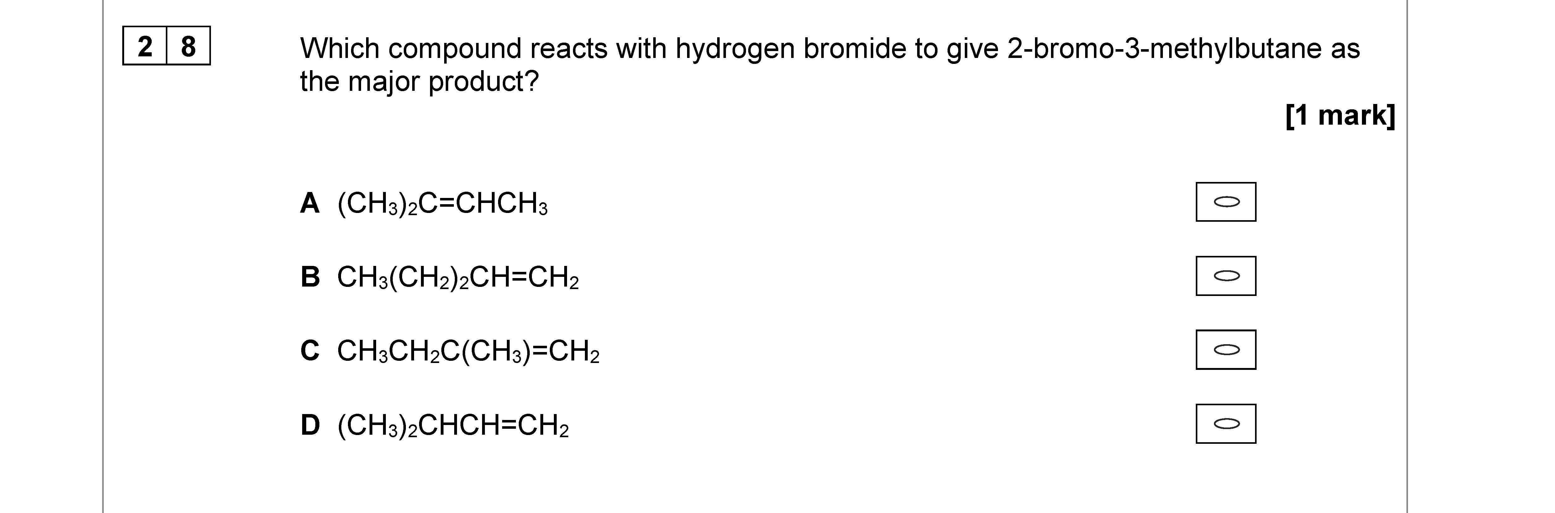 Which-compound-reacts-with-hydrogen-bromide-to-give-2-bromo-3-methylbutane-as-the-major-product?--A-(C₄H₉)₂C=CH₂-B-CH₃(CH₂)₄CH=CH₂-AQA-A-Level Chemistry-Question 28-2020-Paper 3.png