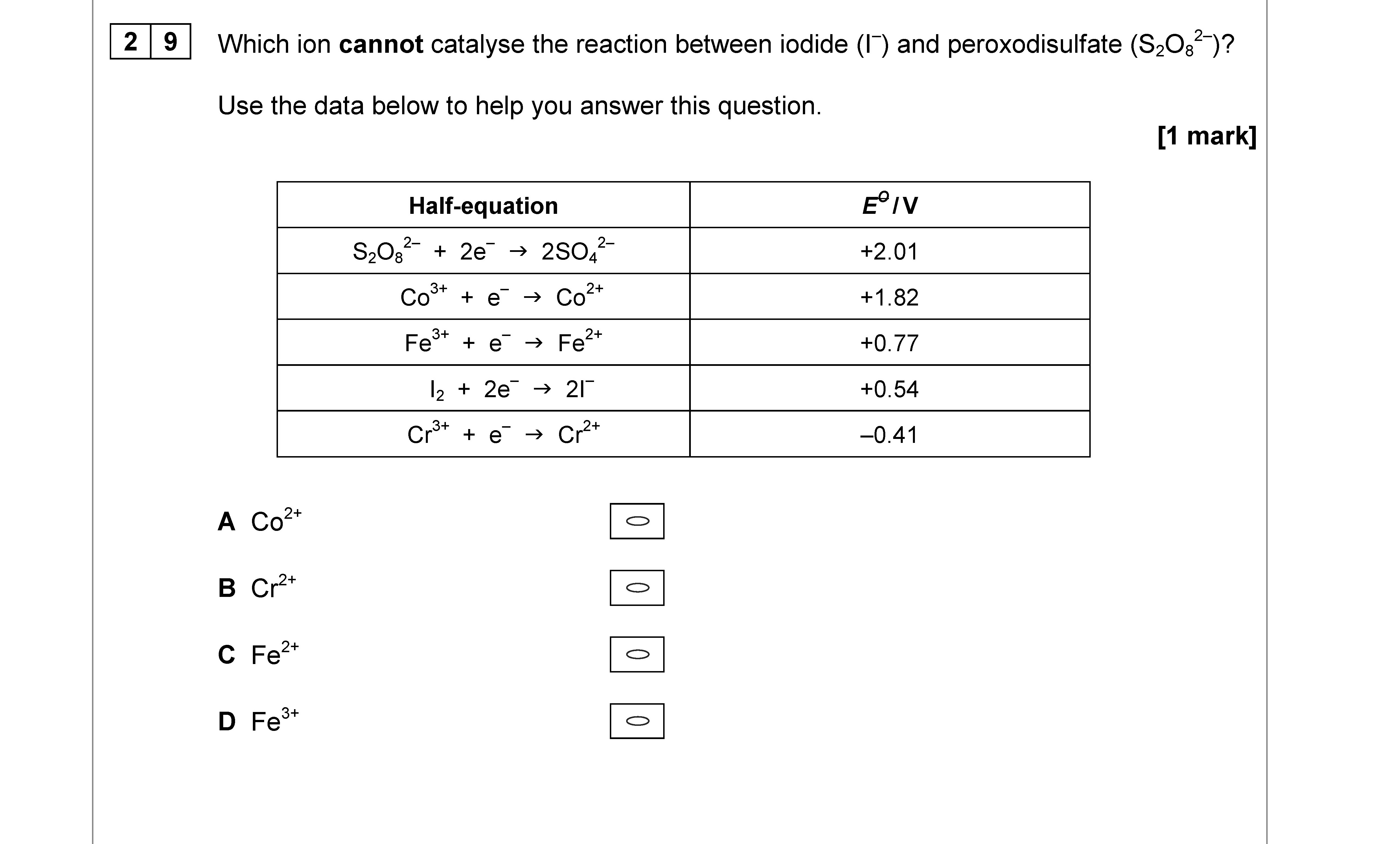 Which-ion-cannot-catalyse-the-reaction-between-iodide-(I-extsuperscript{-})-and-peroxodisulfate-(S-extsubscript{2}O-extsubscript{8}-extsuperscript{2-})?--Use-the-data-below-to-help-you-answer-this-question-AQA-A-Level Chemistry-Question 29-2018-Paper 3.png