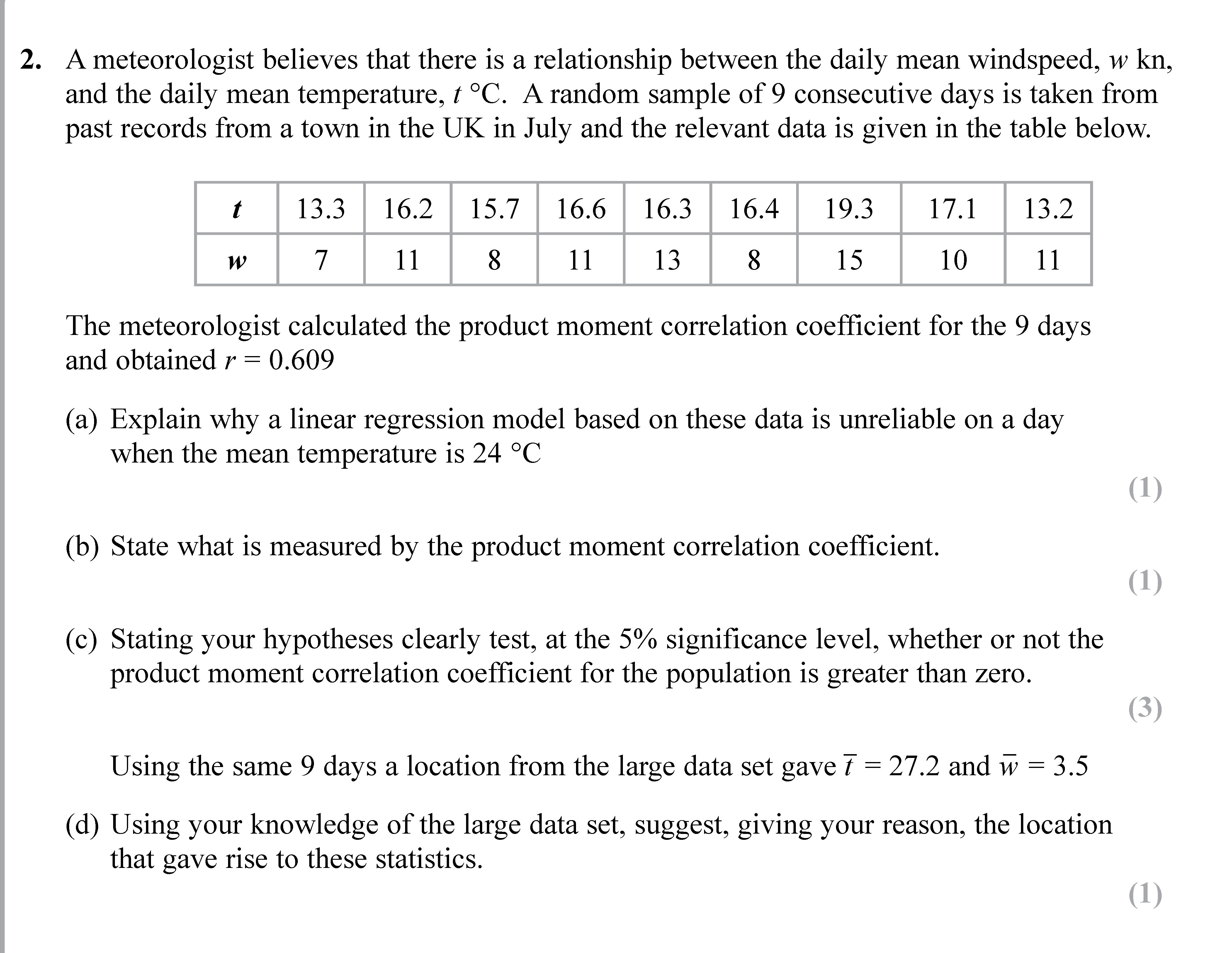 A-meteorologist-believes-that-there-is-a-relationship-between-the-daily-mean-windspeed,-w-kn,-and-the-daily-mean-temperature,-t-°C-Edexcel-A-Level Maths Statistics-Question 2-2017-Paper 2.png