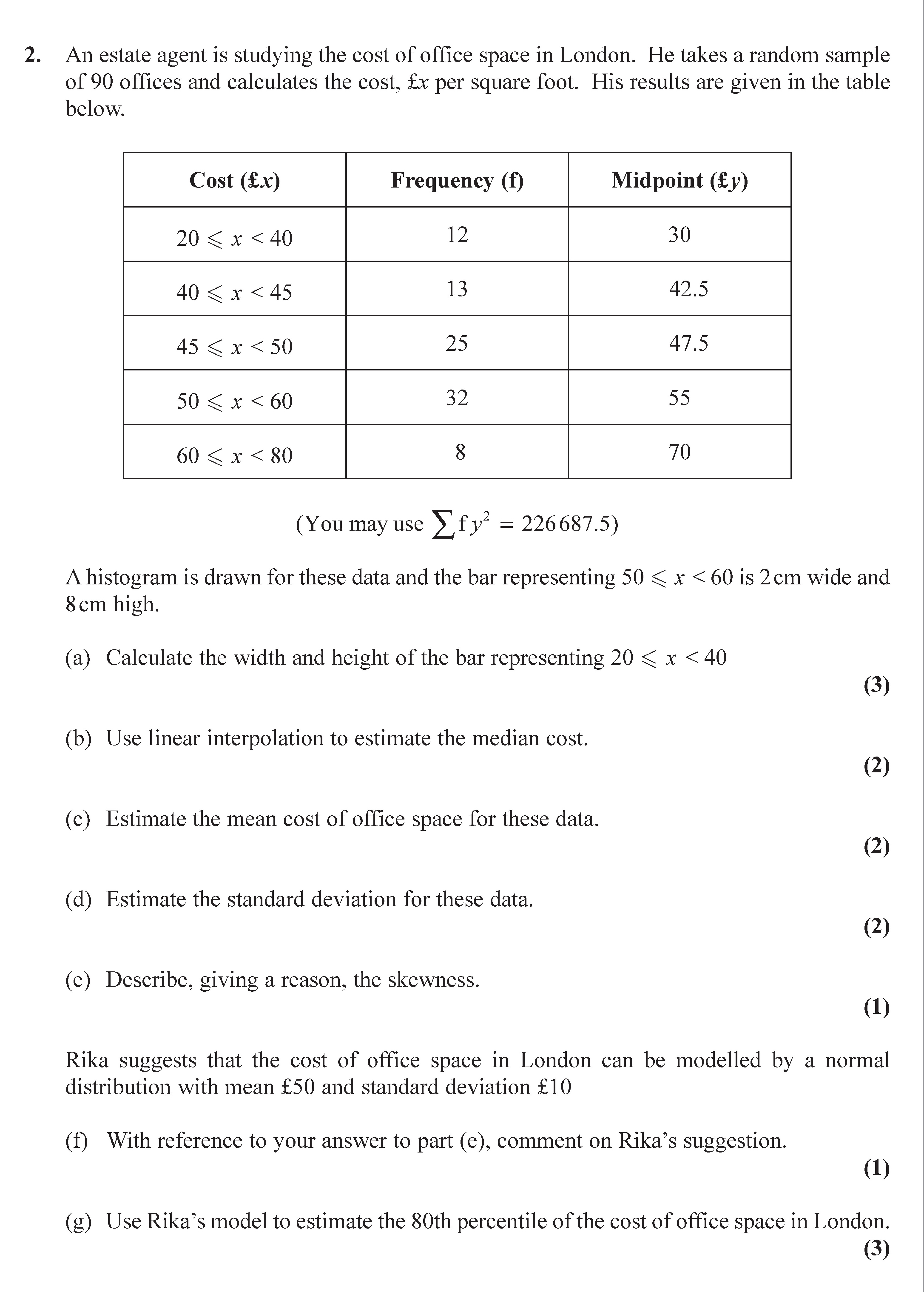 An-estate-agent-is-studying-the-cost-of-office-space-in-London-Edexcel-A-Level Maths Statistics-Question 2-2017-Paper 1.png