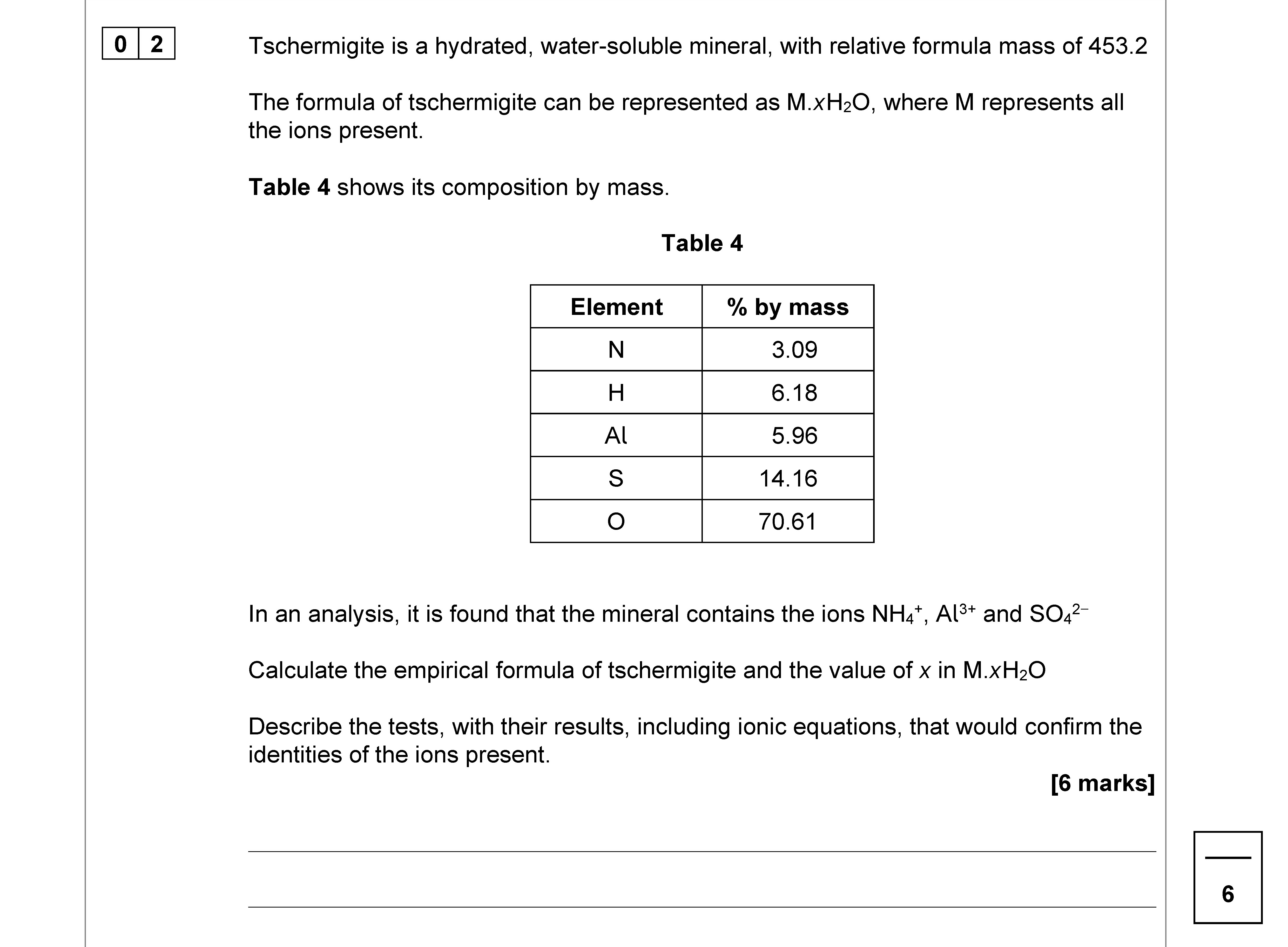 Tschermigite-is-a-hydrated,-water-soluble-mineral,-with-relative-formula-mass-of-453.2-AQA-A-Level Chemistry-Question 2-2022-Paper 3.png