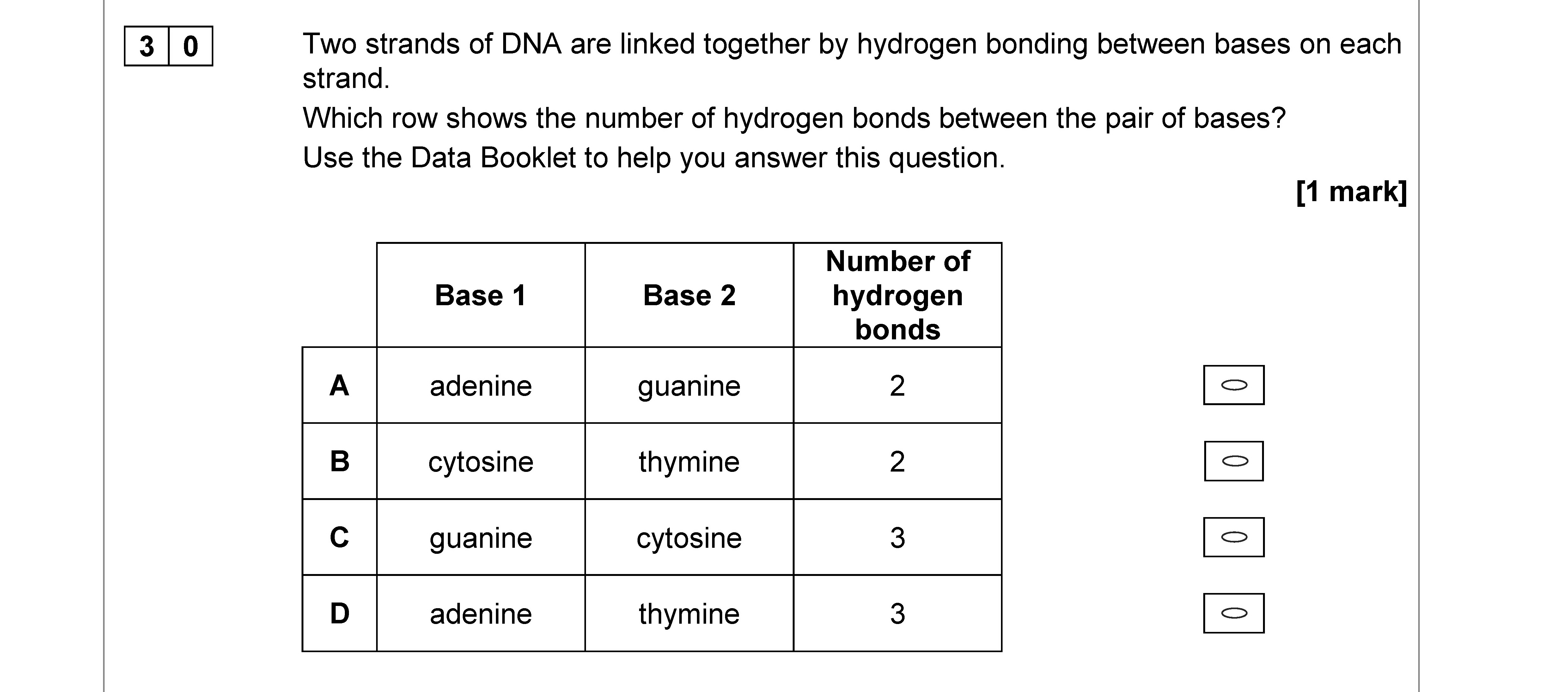 Two-strands-of-DNA-are-linked-together-by-hydrogen-bonding-between-bases-on-each-strand-AQA-A-Level Chemistry-Question 30-2019-Paper 3.png