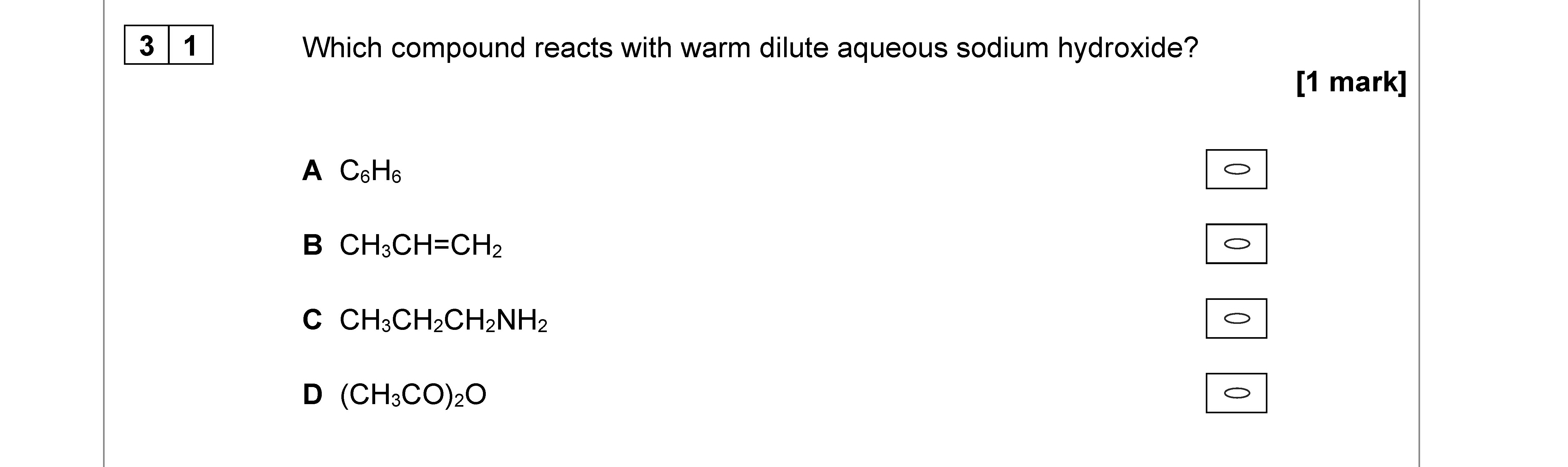 Which-compound-reacts-with-warm-dilute-aqueous-sodium-hydroxide?--A-AQA-A-Level Chemistry-Question 31-2021-Paper 3.png