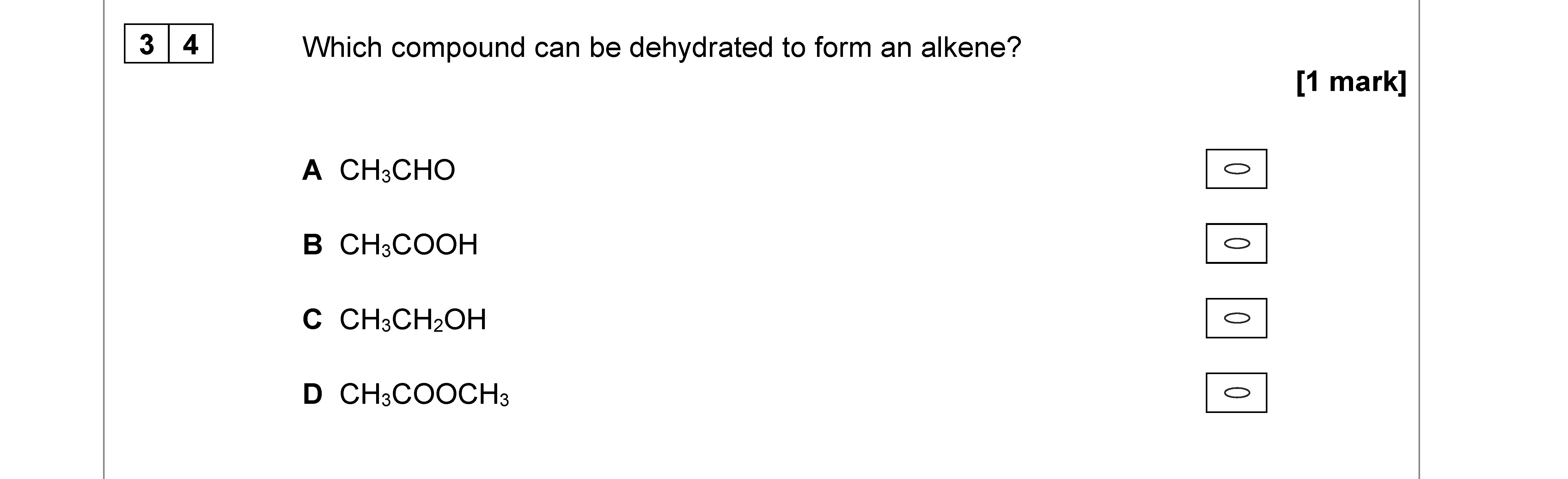 Which-compound-can-be-dehydrated-to-form-an-alkene?--A-CH₃CHO--B-CH₃COOH--C-CH₃CH₂OH--D-CH₃COCH₃-AQA-A-Level Chemistry-Question 34-2022-Paper 3.png