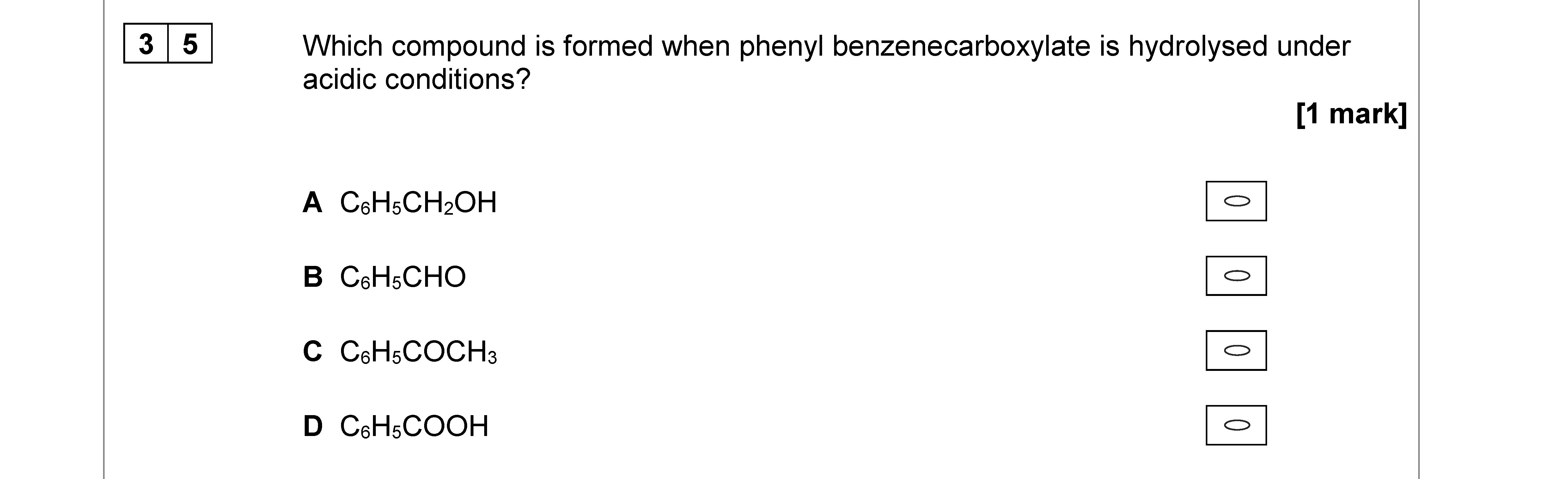 Which-compound-is-formed-when-phenyl-benzenecarboxylate-is-hydrolysed-under-acidic-conditions?--A-AQA-A-Level Chemistry-Question 35-2020-Paper 3.png