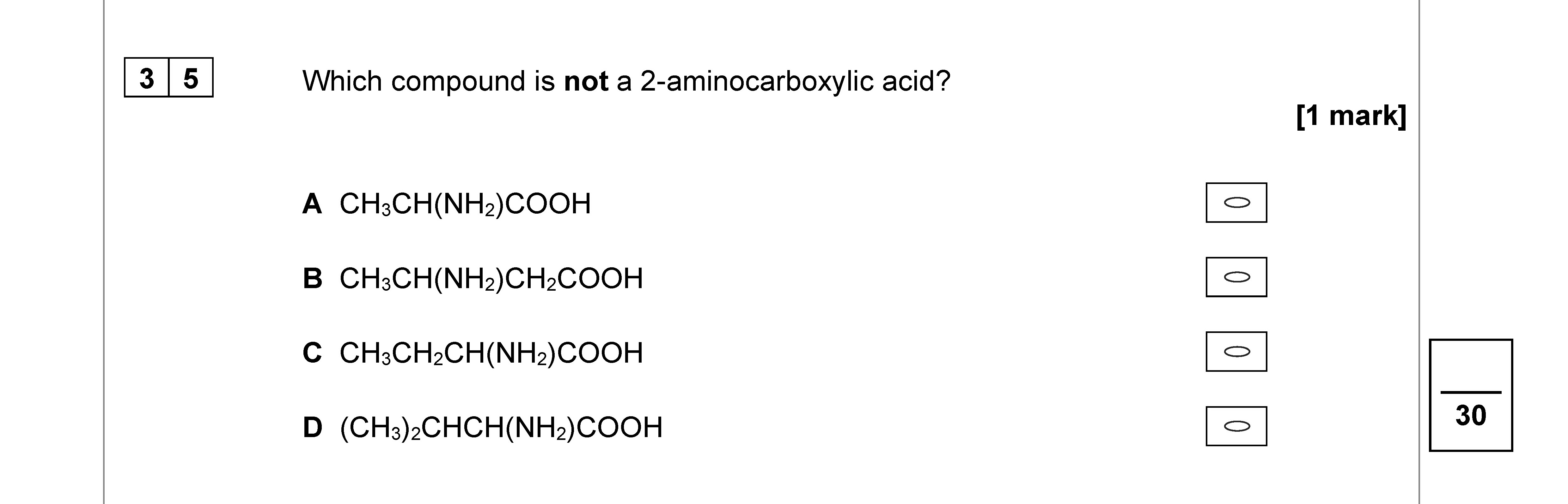 Which-compound-is-not-a-2-aminocarboxylic-acid?--A-AQA-A-Level Chemistry-Question 35-2022-Paper 3.png