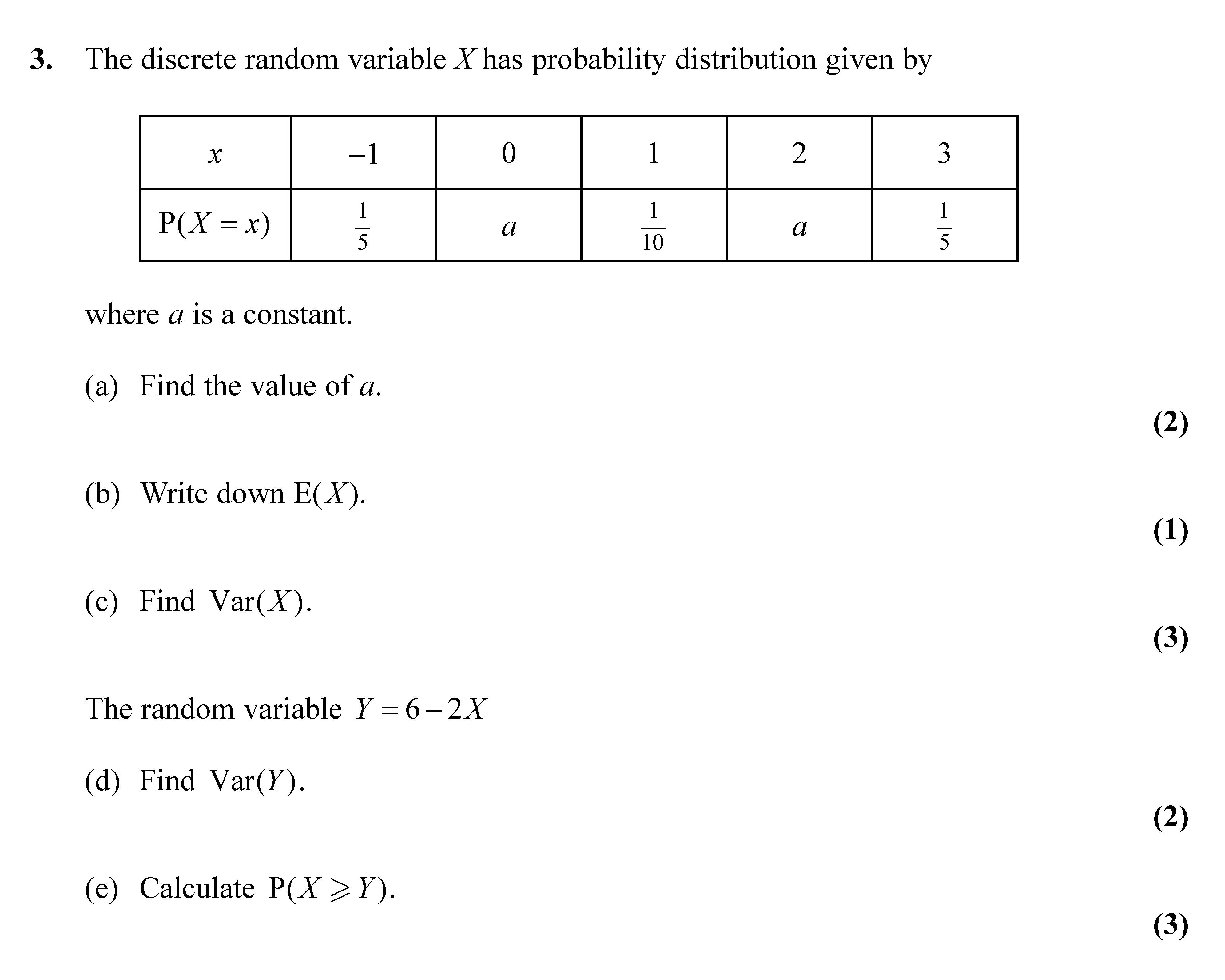 The-discrete-random-variable-X-has-probability-distribution-given-by--|-x---|--1--|-0--|-1--|-2--|-3--|-|-----|-----|----|----|----|----|-|-P(X-=-x)-|-1/5-|-a--|-1/10-|-a--|-1/5-|--where-a-is-a-constant-Edexcel-A-Level Maths Statistics-Question 3-2010-Paper 2.png
