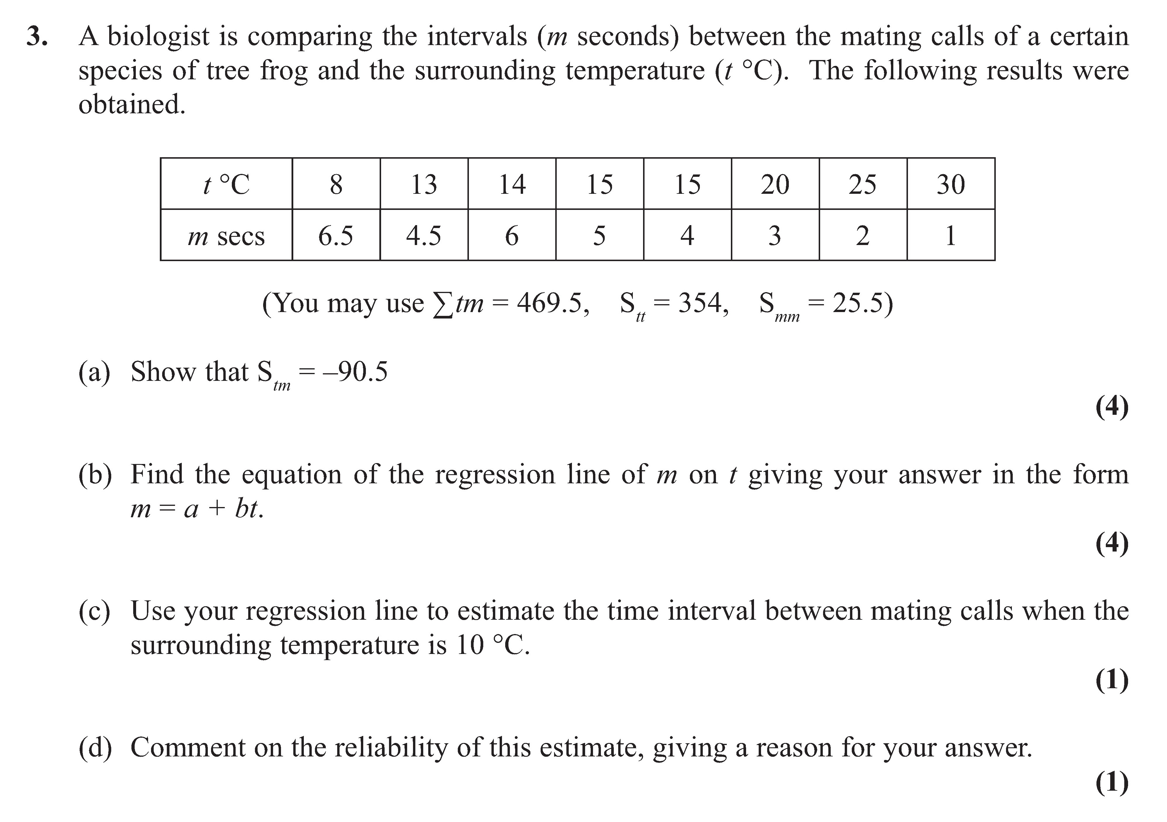 A-biologist-is-comparing-the-intervals-(m-seconds)-between-the-mating-calls-of-a-certain-species-of-tree-frog-and-the-surrounding-temperature-(t-°C)-Edexcel-A-Level Maths Statistics-Question 3-2013-Paper 1.png