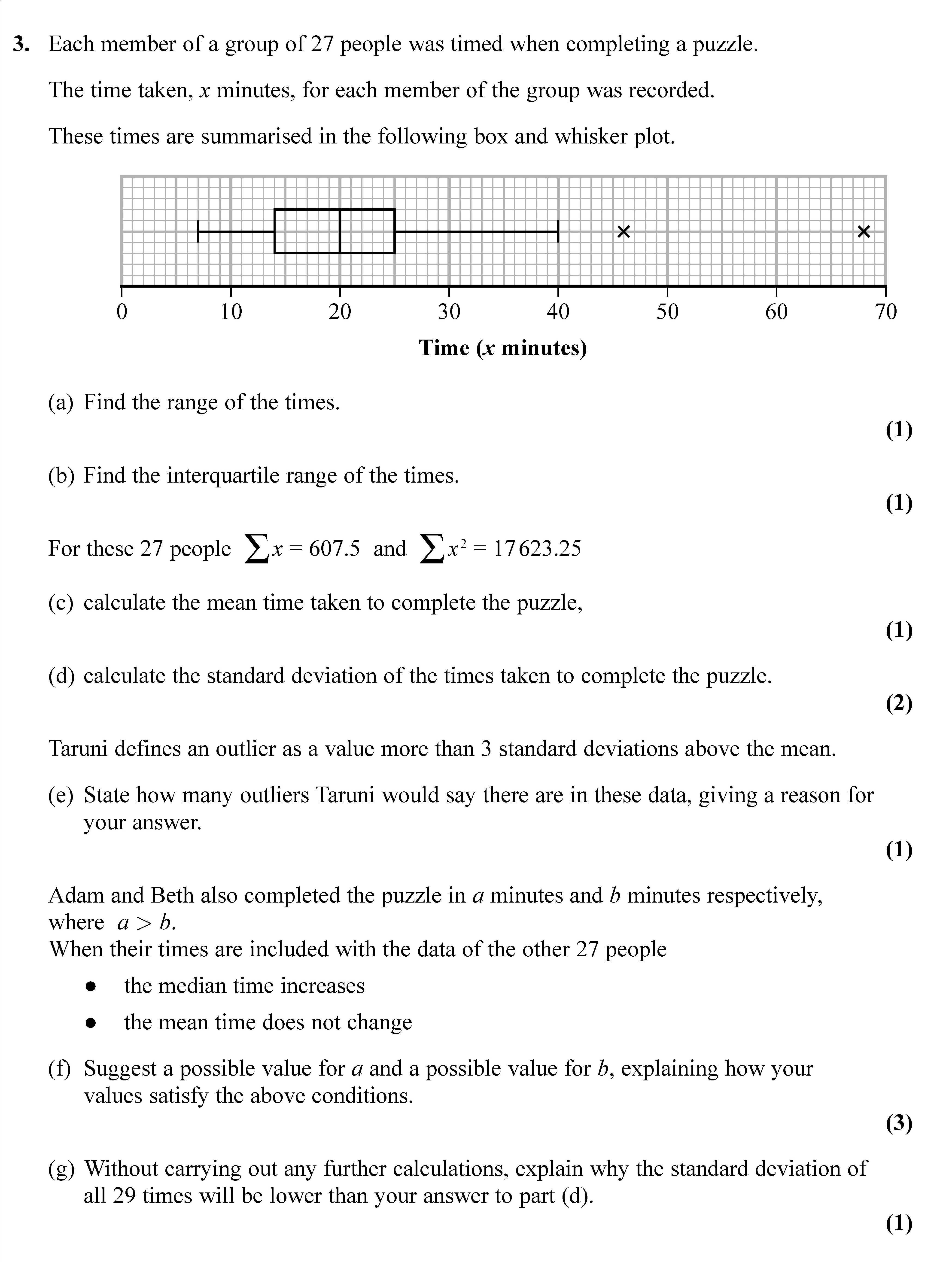 Each-member-of-a-group-of-27-people-was-timed-when-completing-a-puzzle-Edexcel-A-Level Maths Statistics-Question 3-2020-Paper 1.png