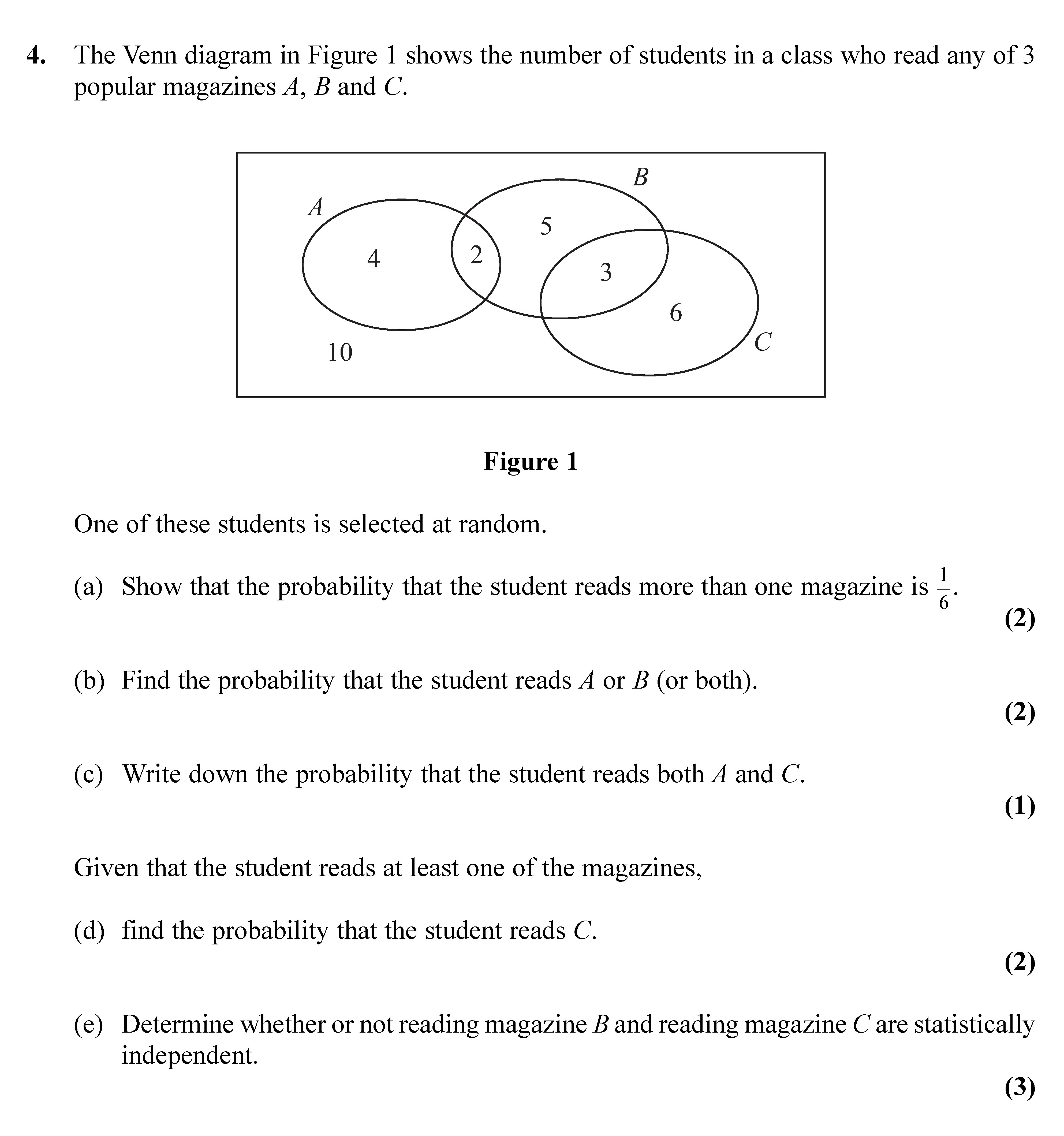 The-Venn-diagram-in-Figure-1-shows-the-number-of-students-in-a-class-who-read-any-of-3-popular-magazines-A,-B-and-C-Edexcel-A-Level Maths Statistics-Question 4-2010-Paper 2.png