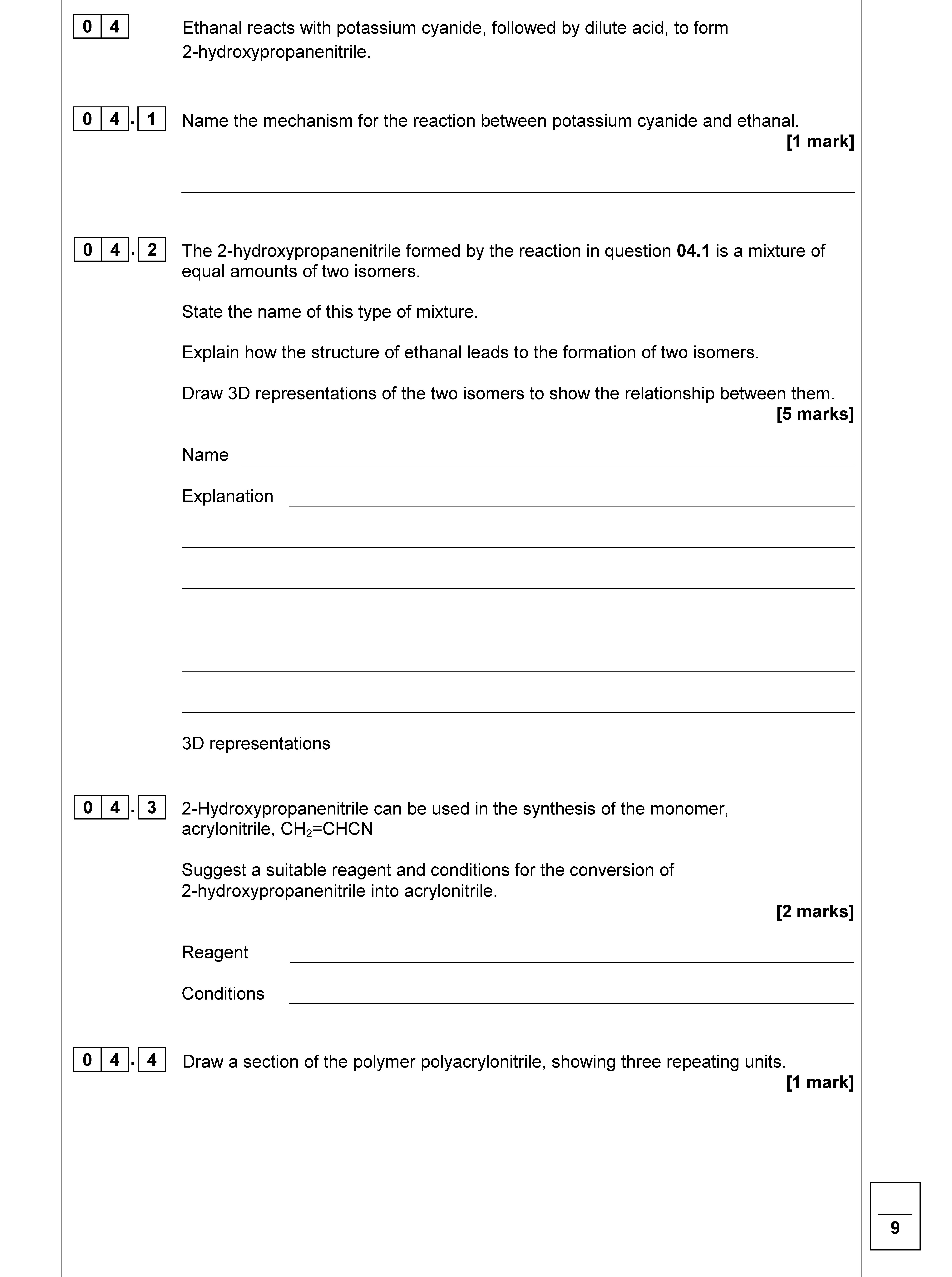 Ethanol-reacts-with-potassium-cyanide,-followed-by-dilute-acid,-to-form-2-hydroxypropanenitrile-AQA-A-Level Chemistry-Question 4-2019-Paper 3.png