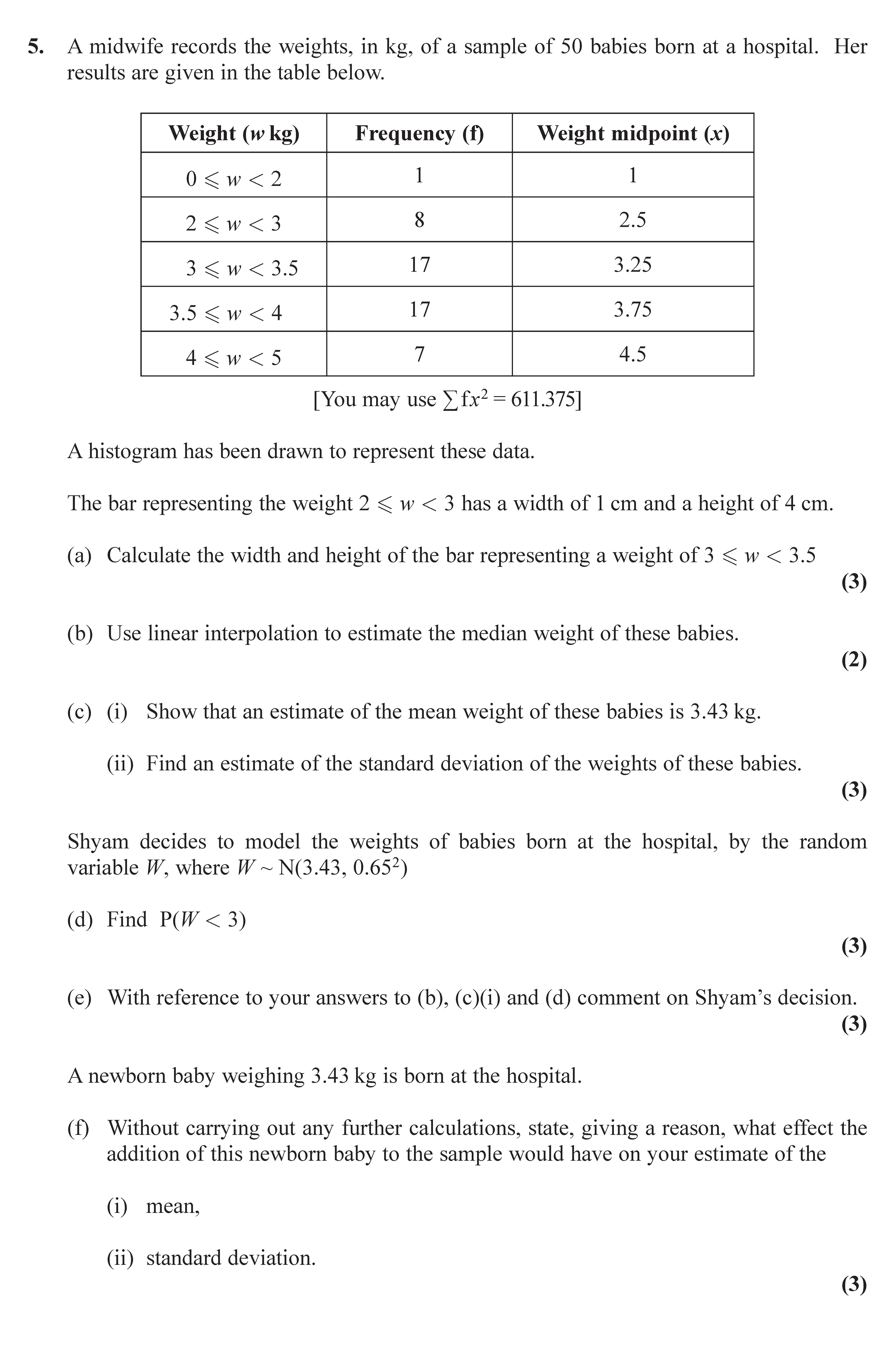 A-midwife-records-the-weights,-in-kg,-of-a-sample-of-50-babies-born-at-a-hospital-Edexcel-A-Level Maths Statistics-Question 5-2016-Paper 1.png