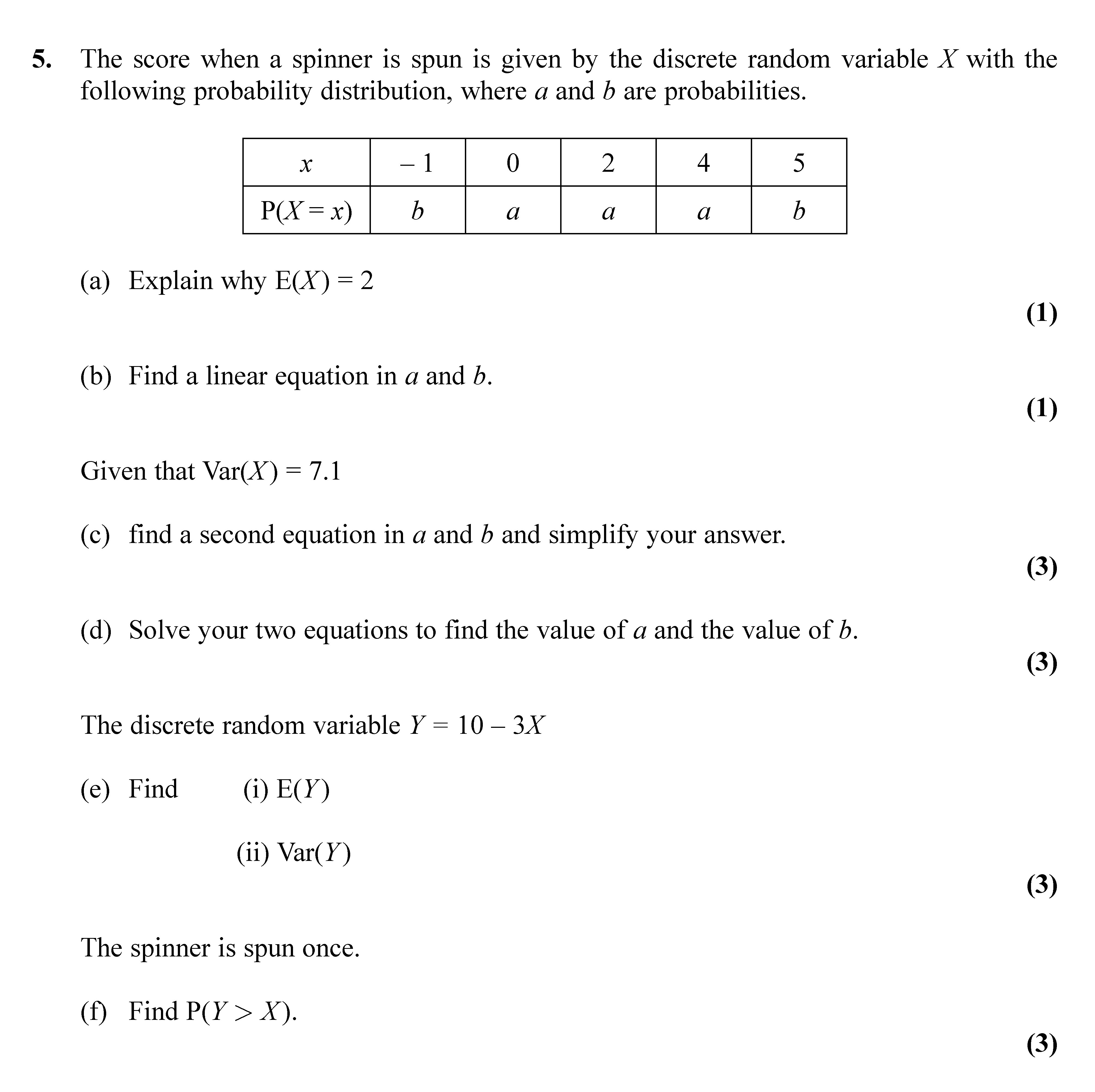 The-score-when-a-spinner-is-spun-is-given-by-the-discrete-random-variable-$X$-with-the-following-probability-distribution,-where-$a$-and-$b$-are-probabilities-Edexcel-A-Level Maths Statistics-Question 5-2018-Paper 1.png