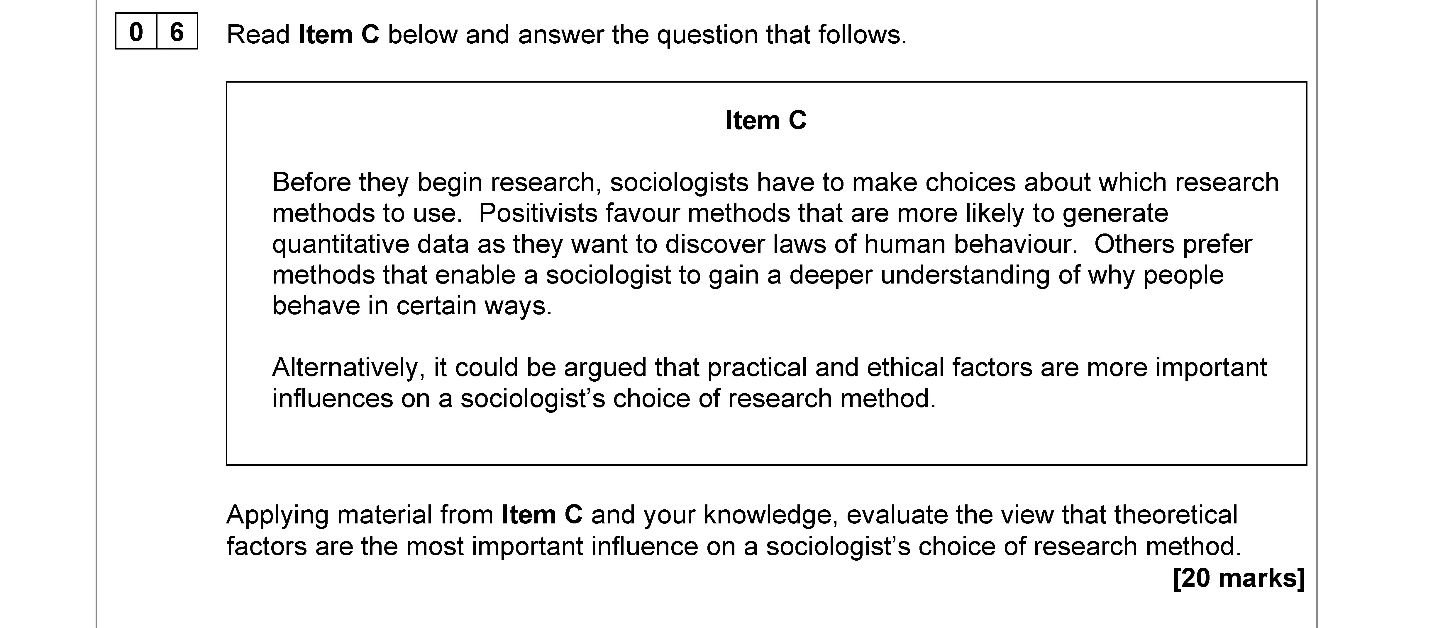 Applying-material-from-Item-C-and-your-knowledge,-evaluate-the-view-that-theoretical-factors-are-the-most-important-influence-on-a-sociologist's-choice-of-research-method-AQA-A-Level Sociology-Question 6-2021-Paper 3.png