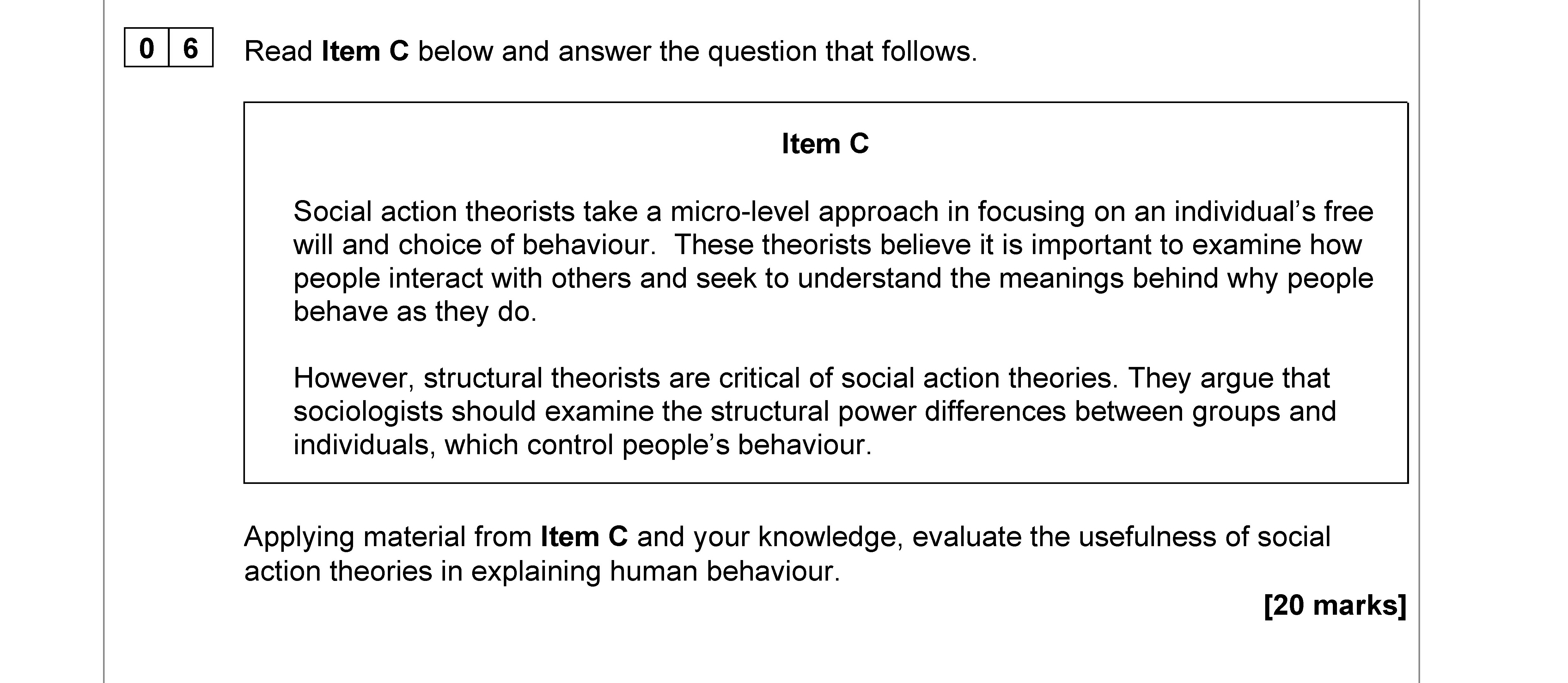 Applying-material-from-Item-C-and-your-knowledge,-evaluate-the-usefulness-of-social-action-theories-in-explaining-human-behaviour.-AQA-A-Level Sociology-Question 6-2022-Paper 3.png