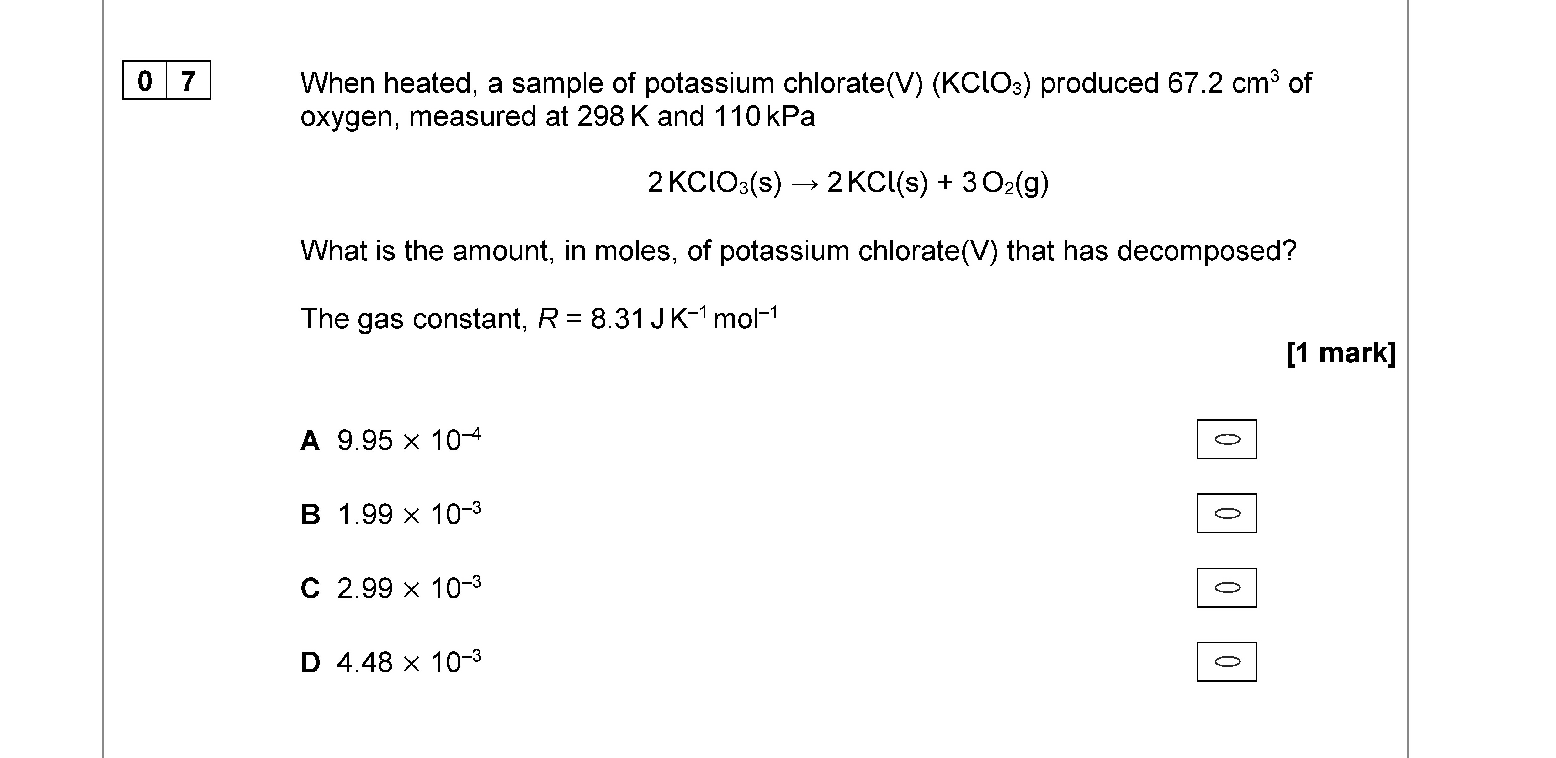 When-heated,-a-sample-of-potassium-chlorate(V)-(KClO₃)-produced-67.2-cm³-of-oxygen,-measured-at-298-K-and-110-kPa-AQA-A-Level Chemistry-Question 7-2020-Paper 3.png