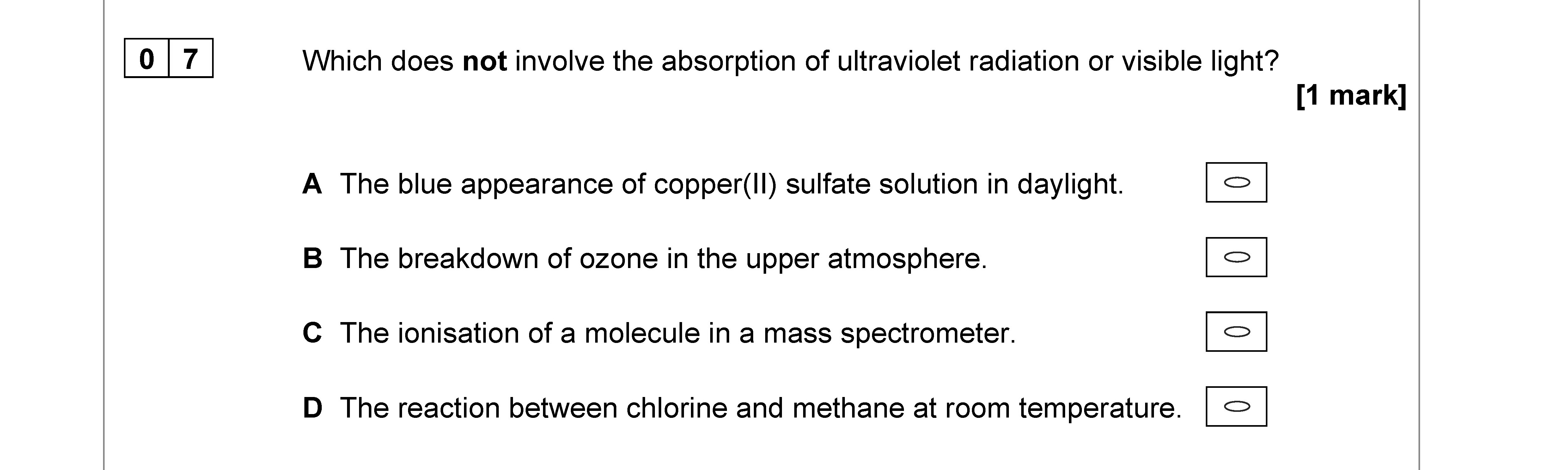 Which-does-not-involve-the-absorption-of-ultraviolet-radiation-or-visible-light?--A-The-blue-appearance-of-copper(II)-sulfate-solution-in-daylight-AQA-A-Level Chemistry-Question 7-2021-Paper 3.png