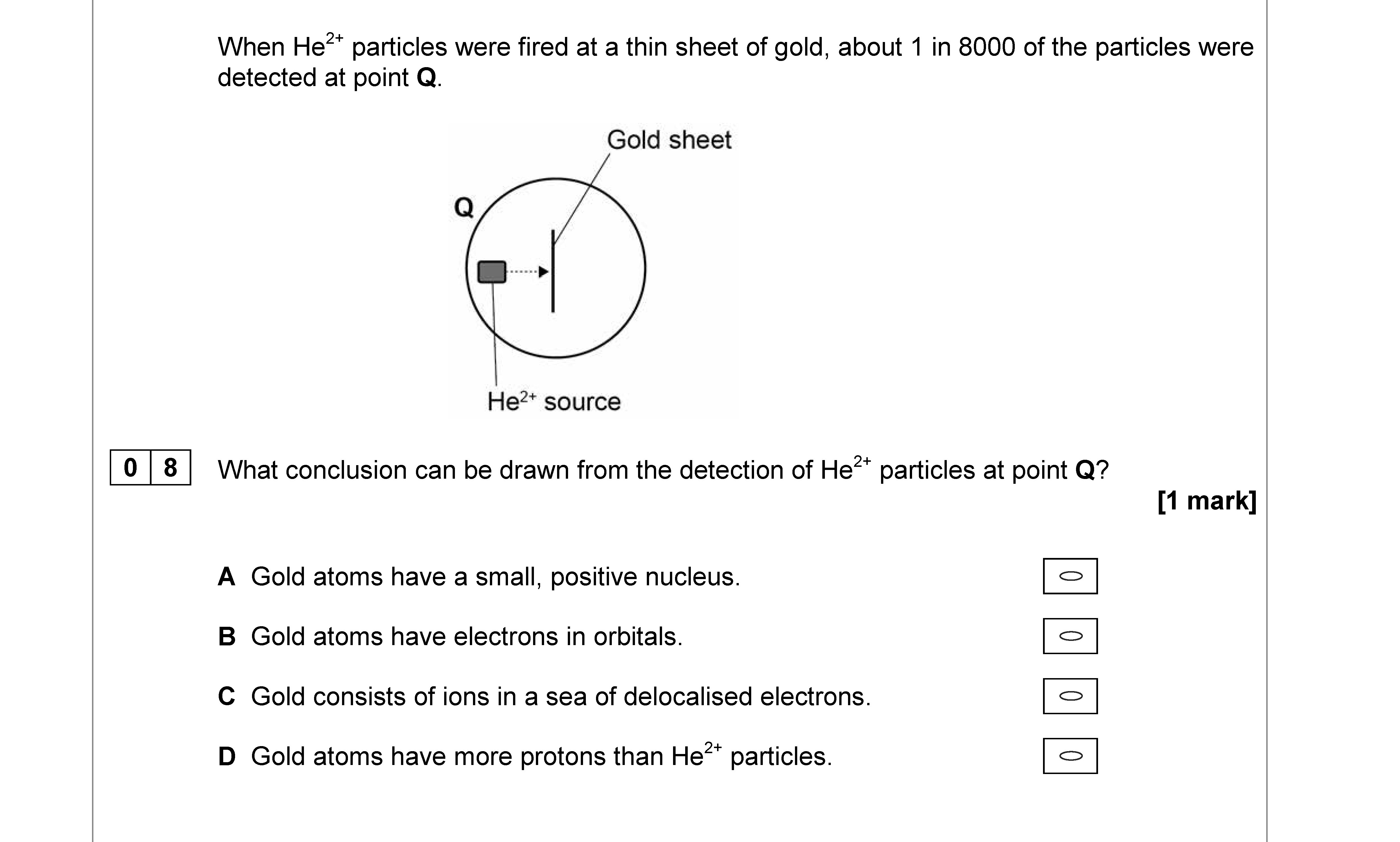When-He²⁺-particles-were-fired-at-a-thin-sheet-of-gold,-about-1-in-8000-of-the-particles-were-detected-at-point-Q-AQA-A-Level Chemistry-Question 8-2018-Paper 3.png