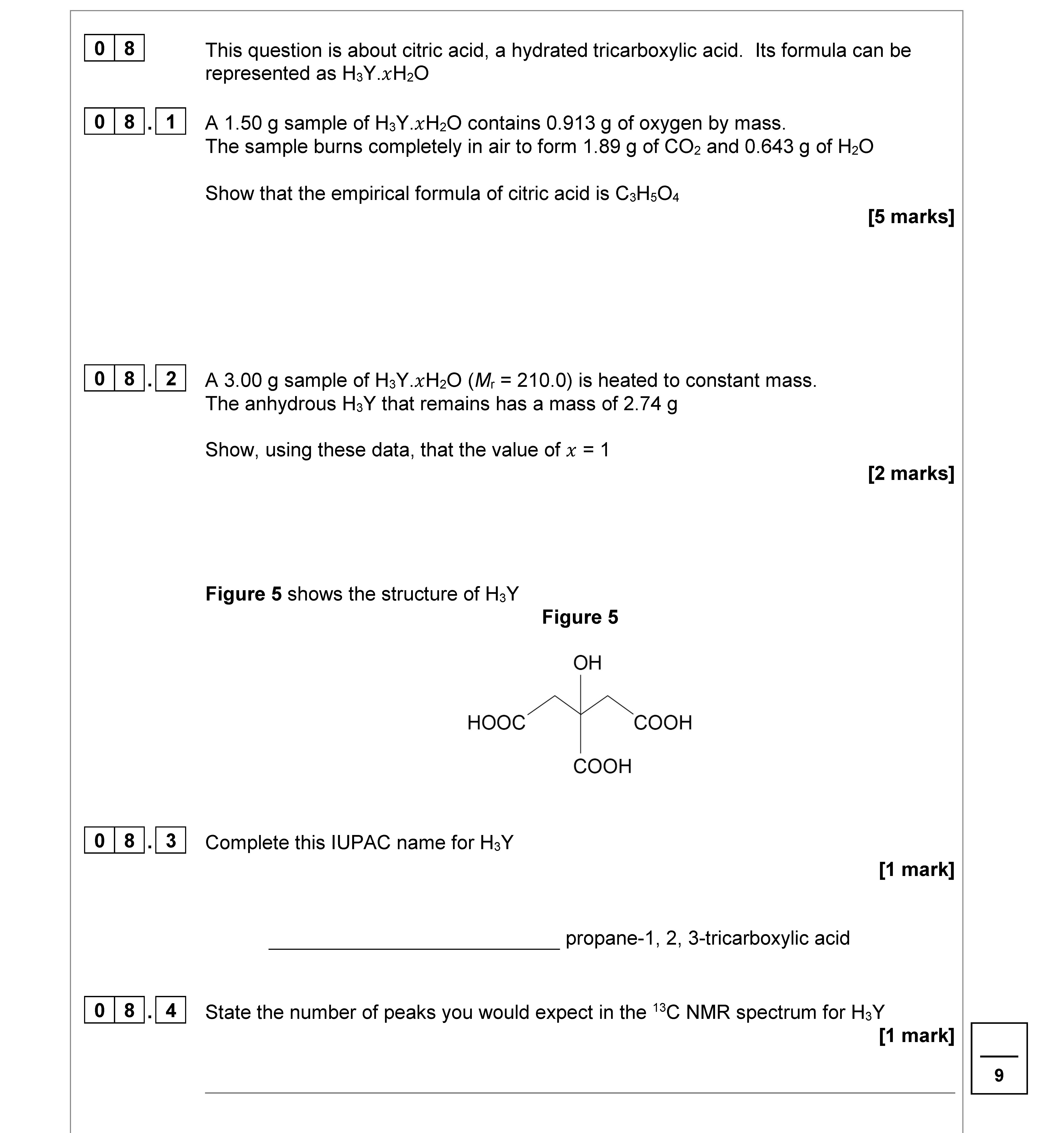 This-question-is-about-citric-acid,-a-hydrated-tricarboxylic-acid-AQA-A-Level Chemistry-Question 8-2020-Paper 2.png