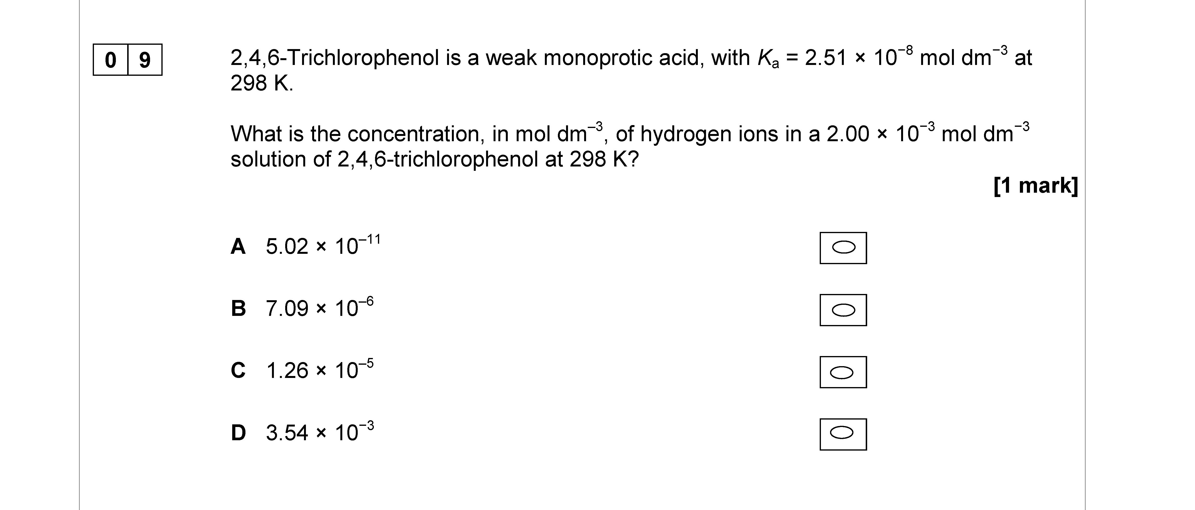 2,4,6-Trichlorophenol-is-a-weak-monoprotic-acid,-with-$K_a-=-2.51-\times-10^{-10}-\-mol-\-dm^{-3}$-at-298-K-AQA-A-Level Chemistry-Question 9-2017-Paper 3.png